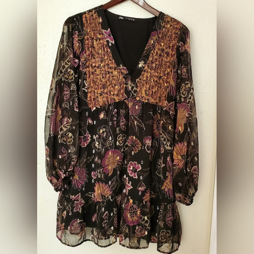 ZARA Floral Black and Purple Dress